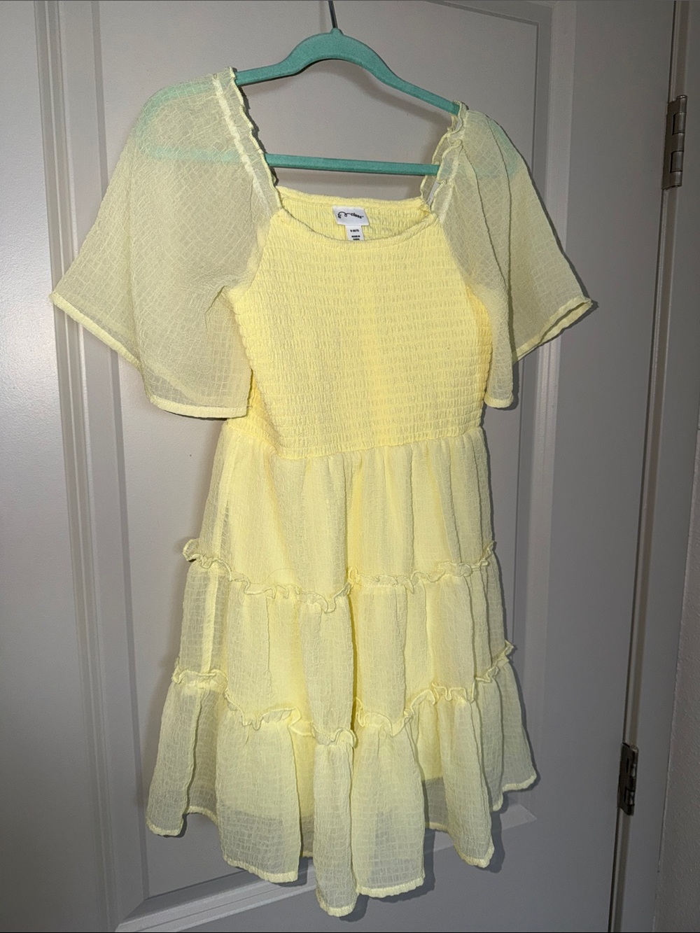 art class Soft Yellow Tiered Smocked Dress with Flutter Sleeves